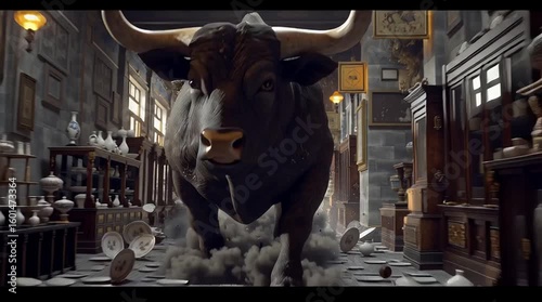 A bull in a china shop - 3d animation of raging bull running through store interior breaking dishes and destroying the glassware. Powerful and destructive rampage, destruction adage concept.