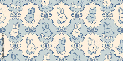 Charming pastel seamless pattern with preppy bunnies, ribbons, and bows in soft blue hues, perfect for cottagecore wallpaper, gift wrap, or rural-inspired stationery designs