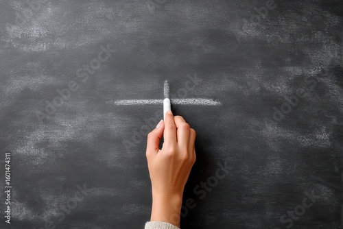 Woman's hand drawing white chalk cross symbol on a dark blackboard for educational purposes on transparent background