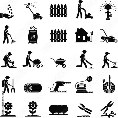 Yard Work & Garden Tools Icons – Landscaping, Fencing, and Maintenance Designs, Lawn Care & Gardening Tools Icons – Yard Work, Planting, and Fencing Symbols

