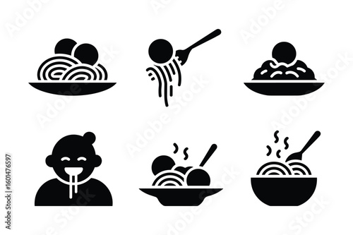 Black silhouette icons of pasta dishes and a person eating noodles bowl