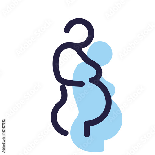 Gestational carrier concept represented by minimalistic vector figures in pastel blue and black lines, white background, concept of surrogacy and family support