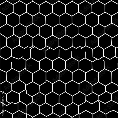 White hexagon grid pattern on a black background with a jagged horizontal line dividing the design