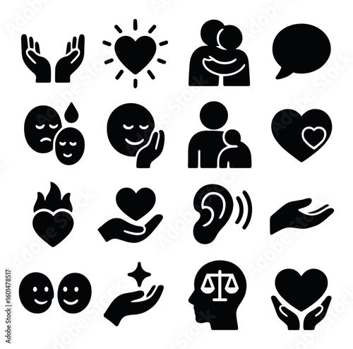Feelings silhouette icon set. featuring love, support, empathy, communication, compassion, and care.