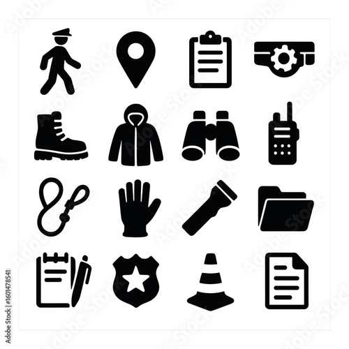 Police silhouette icon set. includes officer, map pin, report, camera, boot, jacket, binoculars, radio, leash, glove, flashlight, folder, badge, cone.