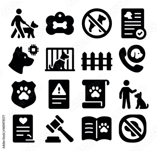 Animal shelter silhouette icon set: adoption, dog, cat, rules, care, phone, training, fence, gavel