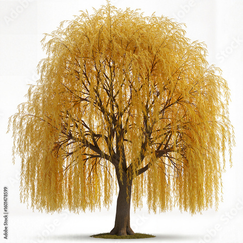 Autumn willow tree with golden leaves on a white background representing seasonal beauty