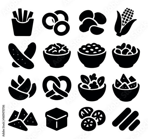 Snack silhouette icon set. containing fries, donuts, chips, corn, cucumbers, salads, nachos, pretzel, cubes, citrus.