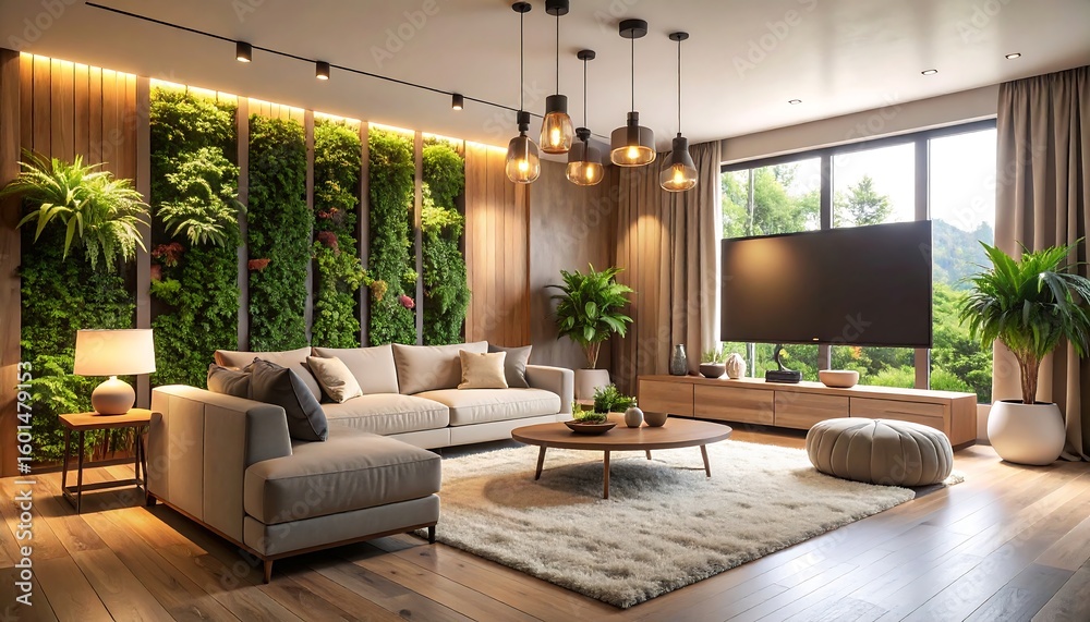 Fototapeta premium Living Room Interior with Vertical Garden and Natural Light