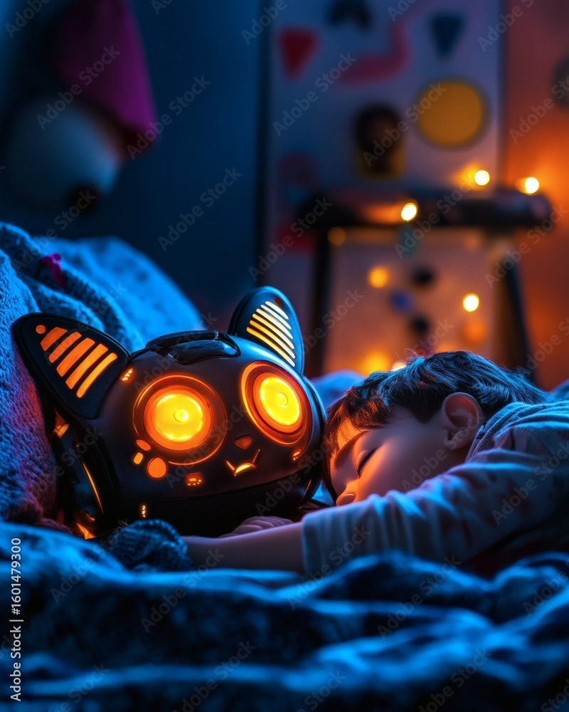 Obraz premium A boy sleeps peacefully with a robot cat nightlight at his side, in a warm, cozy room