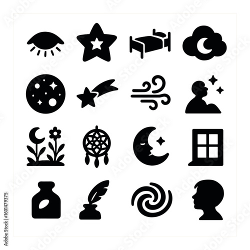 Dream silhouette icon set. includes moon, star, cloud, bed, wind, dreamcatcher, feather, night