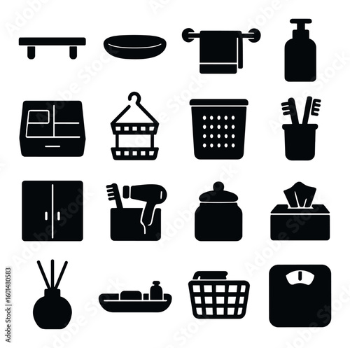 Bathroom essentials silhouette icon set: shelf, soap, towel, dispenser, toothbrush, cabinet, basket, scale