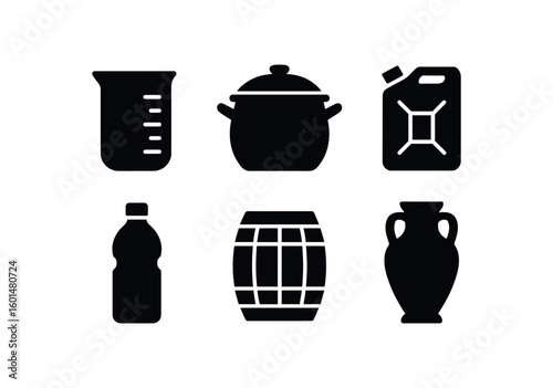 solid icon isolated vessel glass beaker vessel ceramic pot vessel metal canister vessel plastic flask vessel wooden barrel vessel clay amphora