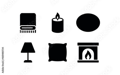 solid icon isolated coziness throw blanket coziness candle glow coziness plush g coziness ambient lamp coziness knitted cushion coziness fireplace mantel