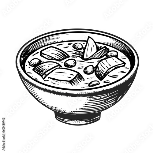 Finnish salmon soup illustration with creamy broth and chunks of salmon in ceramic bowl. Enjoy homemade Finnish salmon soup, a comforting meal in rustic style,
