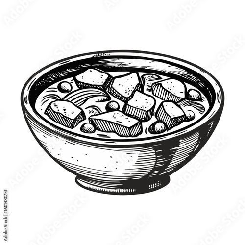 Sketch drawing of Finnish salmon soup with rich broth and generous chunks of fish, Finnish salmon soup offers comfort in every spoonful. Served in rustic bowl,