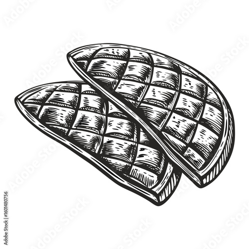 Two pieces of flatbread with a grid pattern, freshly baked and ready to eat. Delicious flatbread offers a unique texture, perfect for accompanying various dishes.