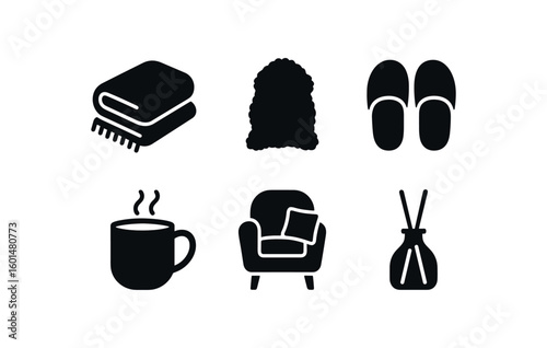 solid icon isolated coziness drapery coziness fur throw coziness warm slippers coziness hot cocoa mug coziness reading nook coziness scented diffuser