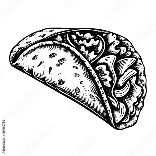 Illustrative flatbread on white background, showcasing traditional culinary dish. Flatbread contains fresh vegetables, cheese, meat and spices for delicious meal.