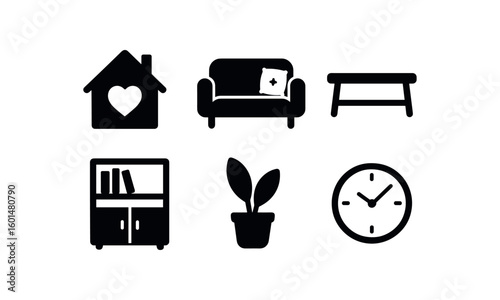 solid icon isolated home hearth center home sofa cushion home coffee table home bookshelf unit home indoor plant home wall clock
