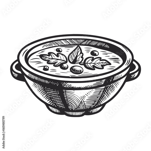 Illustration of hernekeitto, traditional Finnish pea soup served in bowl with herbs. Authentic hernekeitto dish, a savory and hearty meal, is showcased with simple line art, inviting look.