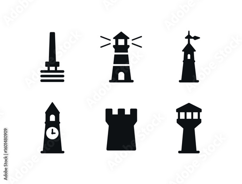 solid icon isolated tower foundation pile tower house beacon tower wind vane tower clock tower battlement wall tower observation deck
