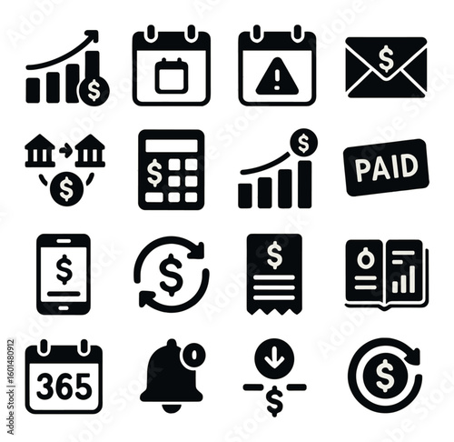 Finance silhouette icon set. featuring chart, calendar, calculator, email, mobile, wallet, notification, and more.