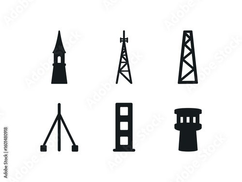 solid icon isolated tower spire ape tower antenna mast tower girder frame tower guy wire anchor tower elevator shaft tower turret platform