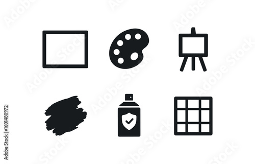 solid icon isolated picture canvas stretcher bar picture pigment miing palette picture easel tripod stand picture bshstroke teture picture varnish finish coat picture composition guide
