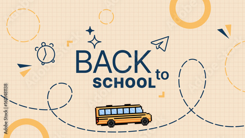 Back to school banner with a school bus, paper plane, and alarm clock. Education concept for returning students.