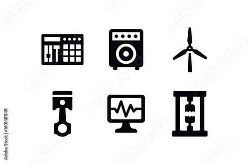 solid icon isolated might dm machine kit might amplifier speaker might wind turbine rotor might engine piston model might seismic wave generator might yield strength tester