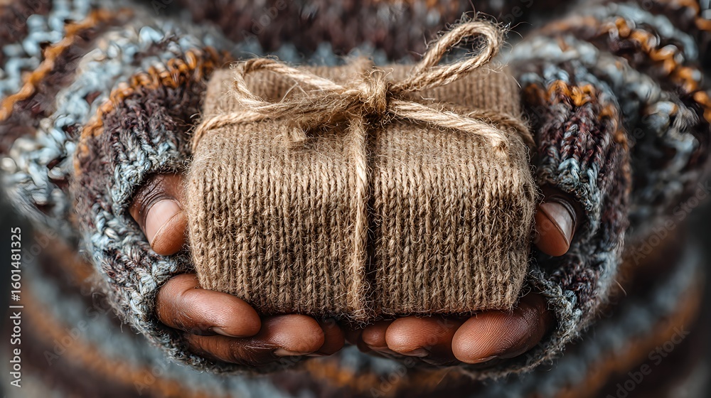 Fototapeta premium Hands gently present a lovingly wrapped gift tied with rustic twine in soft cozy sweater setting indoors.