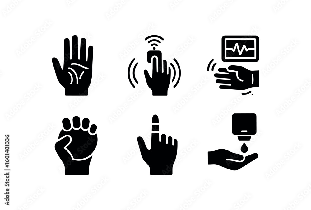 Fototapeta premium solid icon isolated hand dermatoic chart hand gesture sensor hand tremor monitor hand therapy ball hand prosthetic finger hand hygiene station