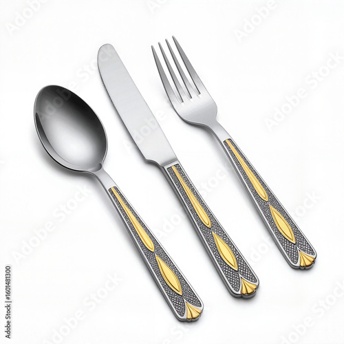 Cutlery set with spoon, fork, and knife on white background with copy space for text
