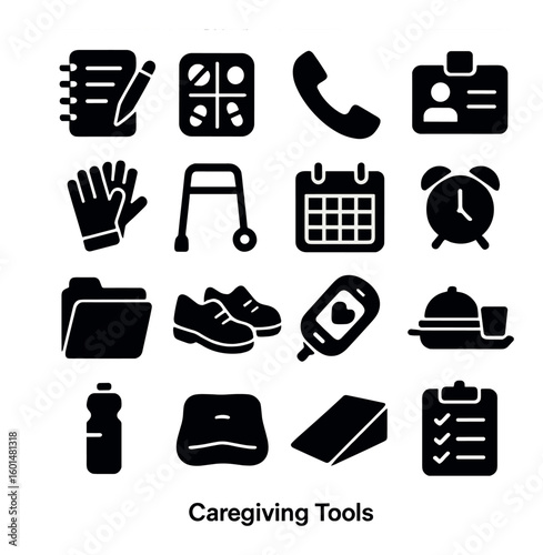 Caregiving tools silhouette icons set. featuring phone, id, gloves, walker, shoes, calendar, and more.