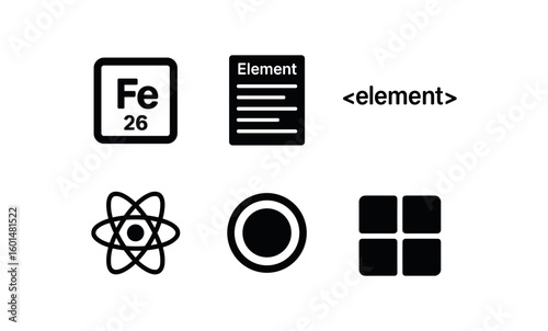 solid icon isolated element periodic table tile element list item element HTML tag element atomic model element core unit element block widget