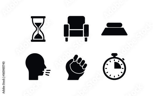 solid icon isolated patience hourglass timer patience waiting room chair patience meditation mat patience breath indicator patience stress ball patience countdown clock