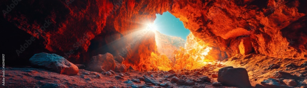 Fototapeta premium Sunlight streams through an opening in a cavern, illuminating the rugged interior. The play of light and shadow creates a dramatic scene