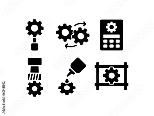 solid icon isolated gear tooth cutter gear meshing diagram gear ratio calculator gear hob tool gear lubricant applicator gear alignment jig