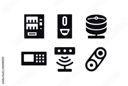 solid icon isolated automat vending machine slot automat coin validator automat tray carousel automat control panel automat sensor array automat timing belt
