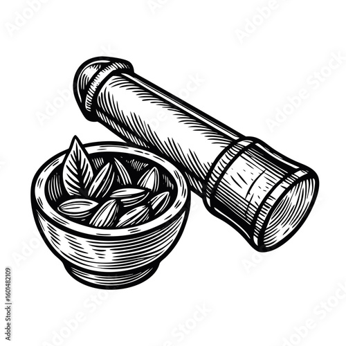 Illustration of masala ingredients in mortar and pestle, with herbs and spices prepared for cooking. Authentic masala mixture includes various spices and herbs, ground to perfection with pestle.