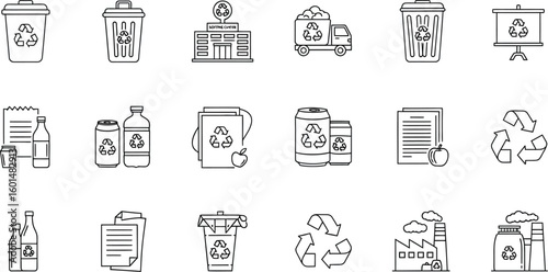 Collection of linear recycling icons representing various waste management items