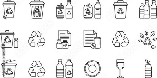 Line art icons depicting recycling, waste management, and sustainability items