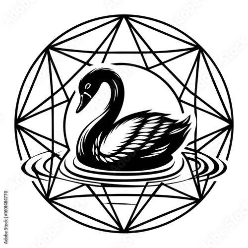 Mystic Swan in Geometric Enclosure: A captivating illustration unveils a solitary swan gracefully afloat within a geometric sphere, exuding an aura of mystique and elegance.