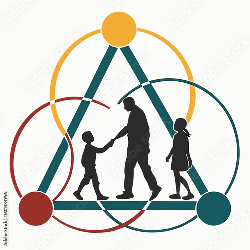 Family Support Icon: A symbolic representation of family unity, featuring a father leading his children, set against a backdrop of interconnected circles and triangles.