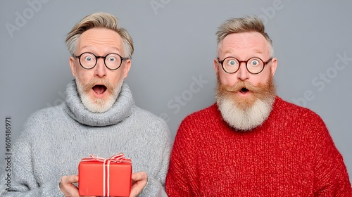 Two surprised senior men with beards wea sweaters and glasses hold a small red gift box tightly together.