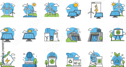 Collection of diverse renewable energy sources and sustainable power icons