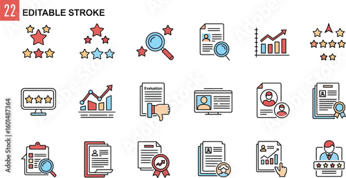 A set of icons representing performance evaluation and feedback with stars
