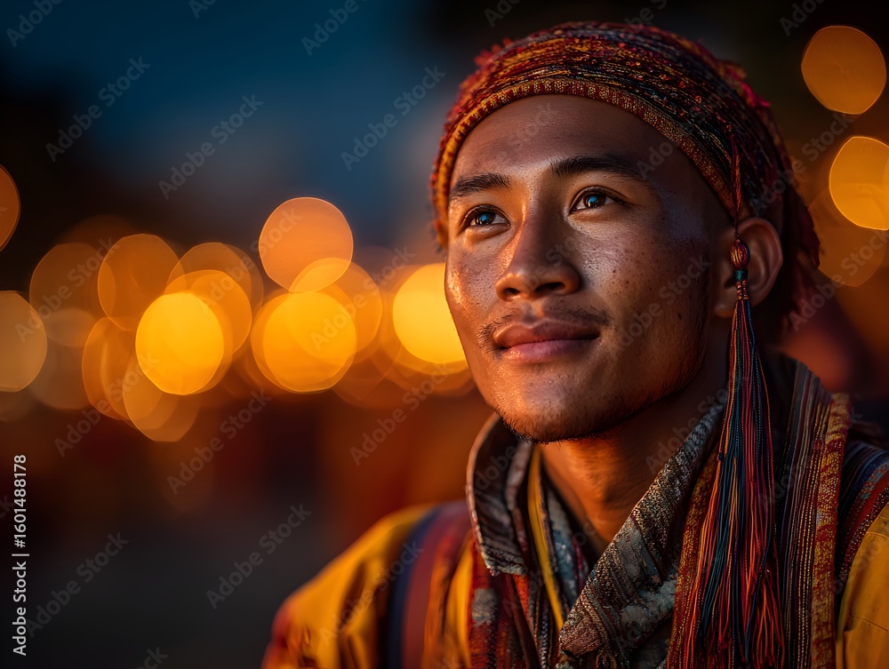 Obraz premium Young Asian man wea traditional headdress gazes thoughtfully into the distance on a vibrant night scene.