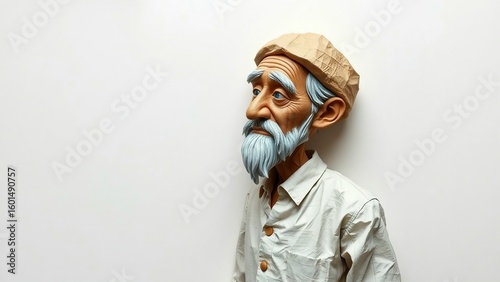 Artistic three-dimensional sculpture of a wise old man with a distinctive blue beard, looking contemplative against a clean white studio background